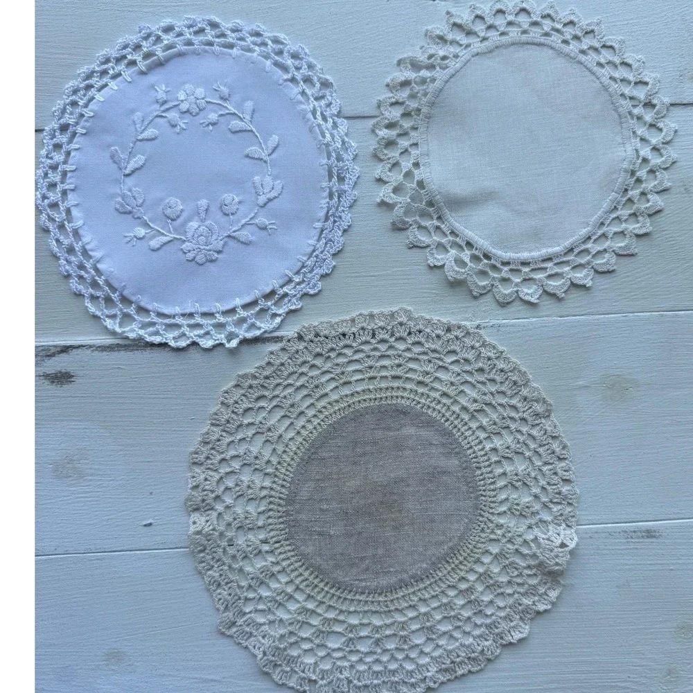 Vintage White Linen Embroidered Crochet Lace Doilies Set of 3 Coasters 7-8 Inch